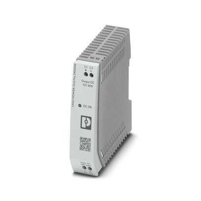 Phoenix Contact Switching Power Supply; UNO-PS/1AC/15DC/30W; 15VDC OUT; 2A; 85-264VAC IN; Single Phase; DIN Rail Mount; Plastic; Screw Connection